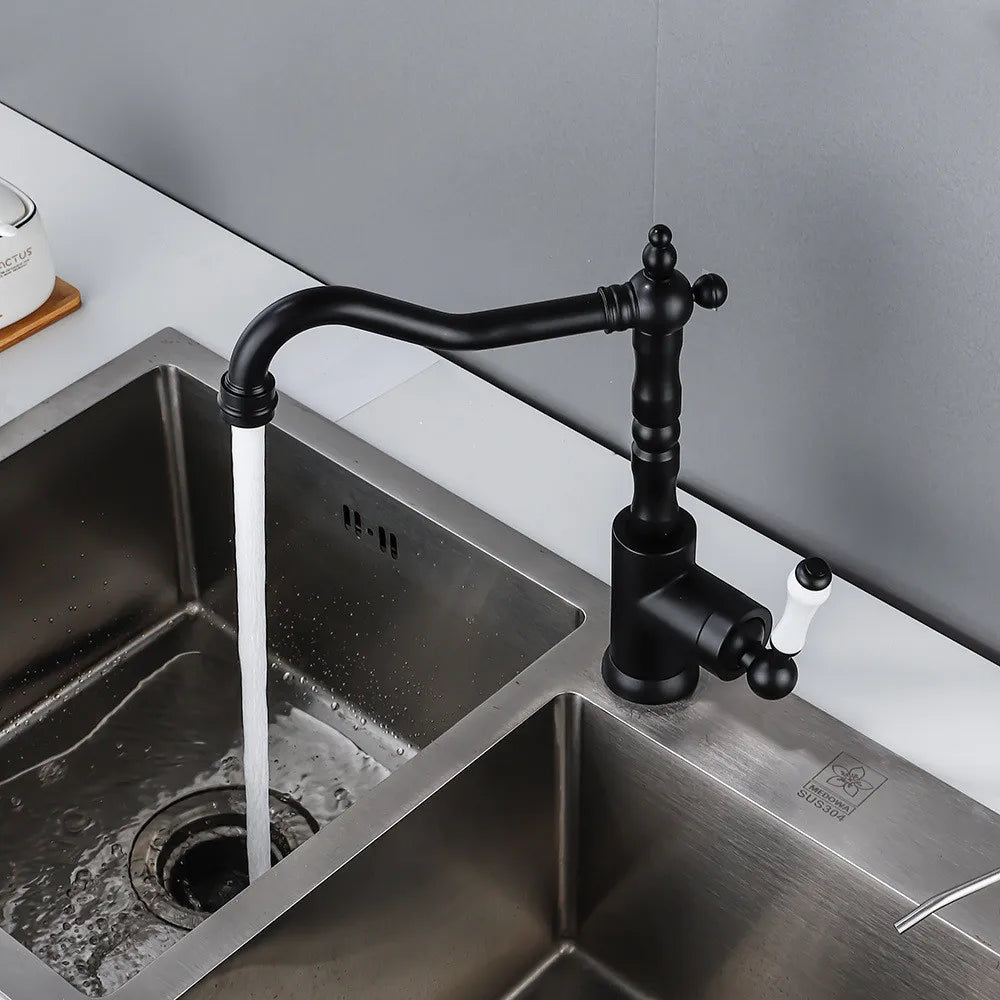 Tuqiu Black Antique Kitchen Mixer Tap – Single Lever, Hot & Cold