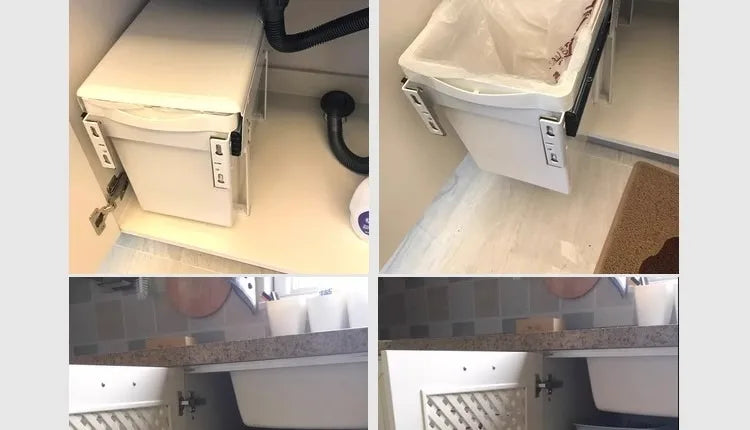 Collage of a white trash can inside a cabinet with a lid, showing different angles.