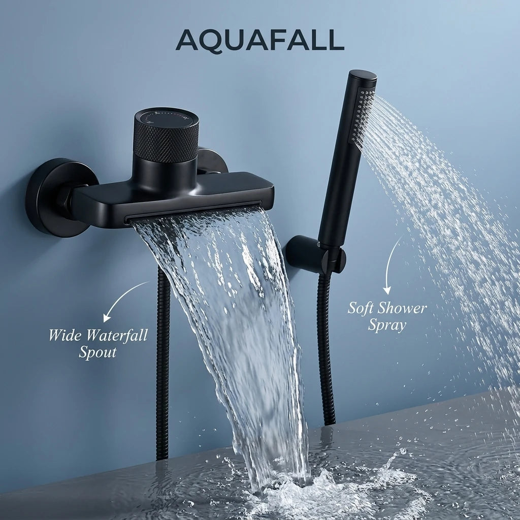 Black wall-mounted shower fixture with a wide waterfall spout and handheld soft shower spray, shown with water flowing against a blue wall. The brand name AQUAFALL appears at the top, with feature callouts and arrows labeling the wide waterfall spout and soft shower spray.