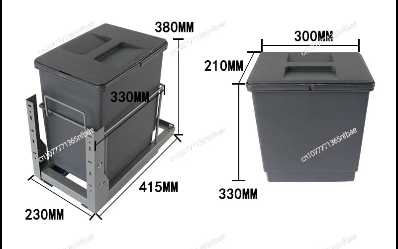 Gray storage bin with dimensions labeled on a white background
