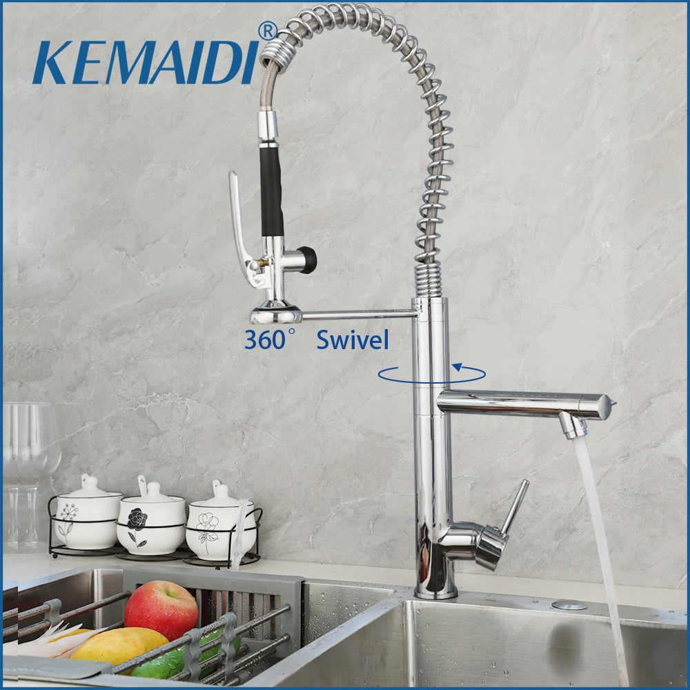 Chrome kitchen faucet with 360-degree swivel feature on a kitchen sink background.