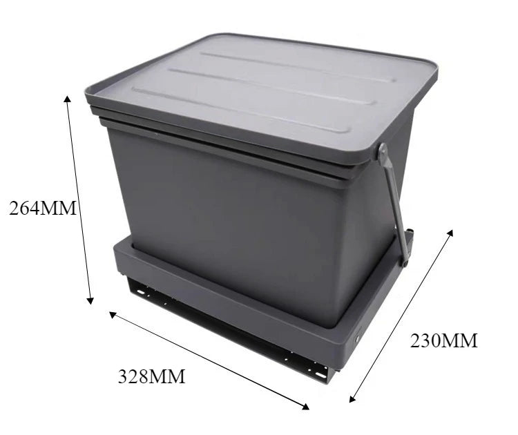 A dark gray plastic storage bin with a matching lid and base, shown with dimension arrows and labels indicating 264mm height, 328mm width, and 230mm depth on a white background.