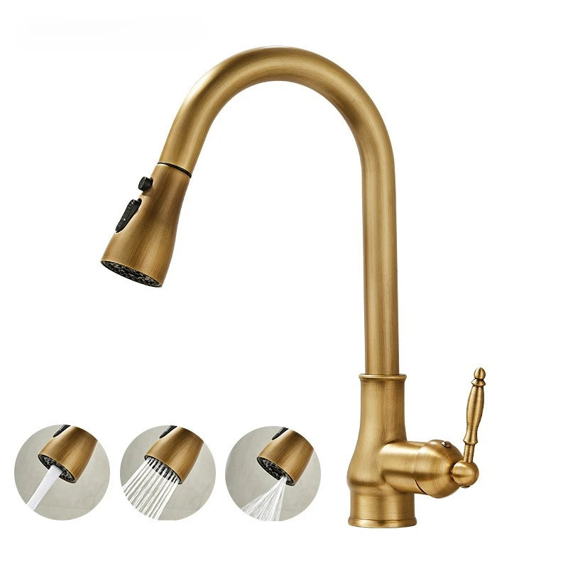 Antique Brass Pull-Out Kitchen Mixer Tap – Single Hole, Hot & Cold