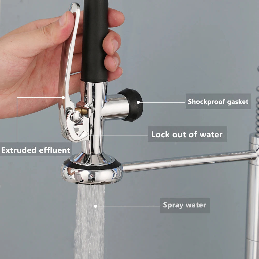 Hand holding a faucet with labeled parts on a gray background
