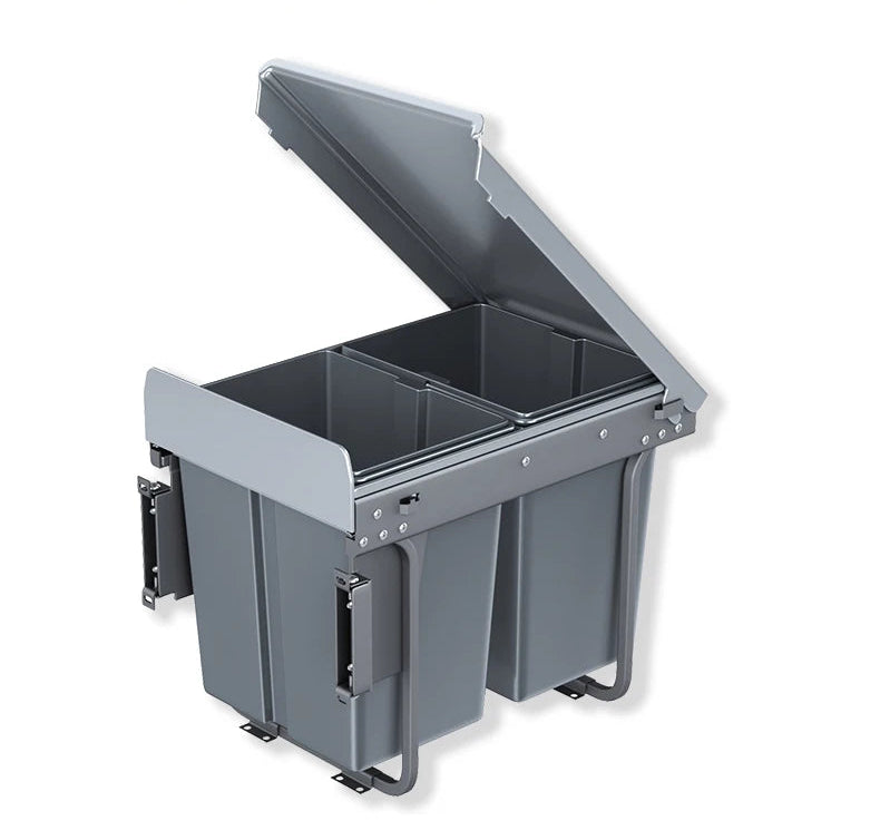 A gray dual-compartment under-counter storage bin with an open hinged lid, shown on a white background with Chinese text describing installation and cleaning features.