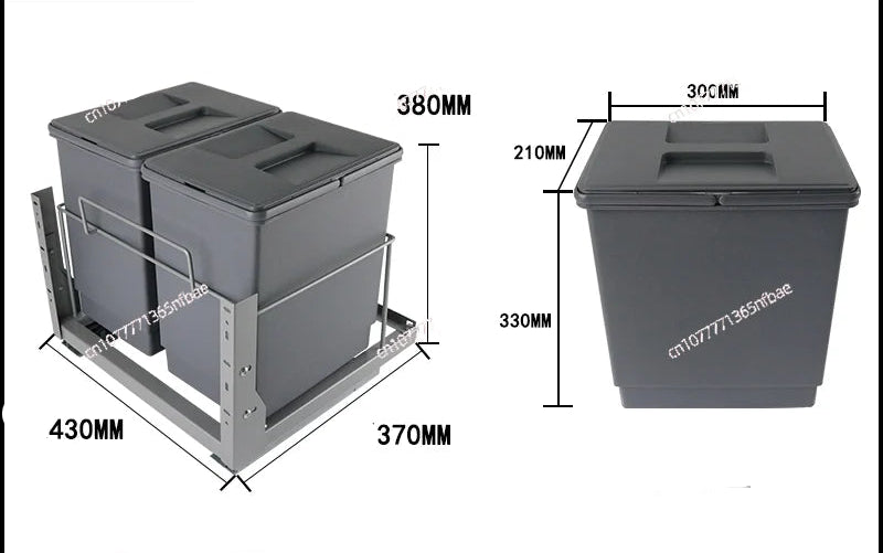 Two gray trash bins with dimensions and specifications on a white background