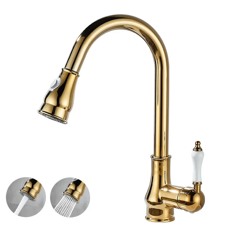 Gold kitchen faucet with three water flow indicators on a white background