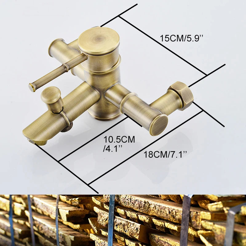 Brass faucet with dimensions labeled on a white background