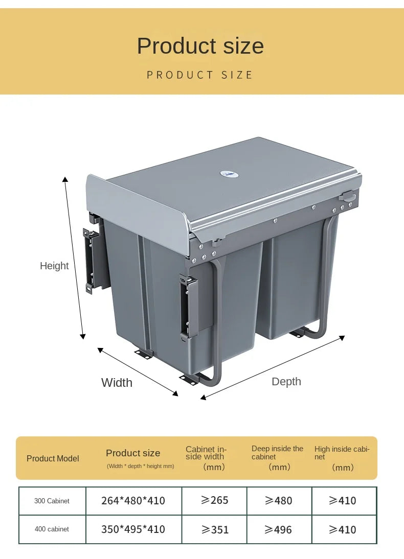 Product size diagram showing a gray storage cabinet with labeled dimensions for height, width, and depth, plus a size table for cabinet models 300 and 400 on a white background with a beige header.