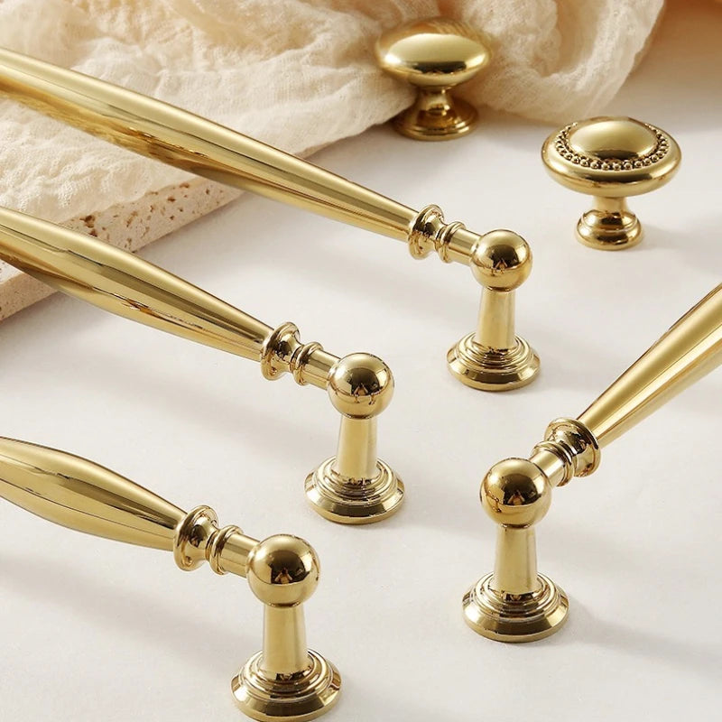 Brass Furniture Handles Bright Gold Cupboard Kitchen Cabinet Pulls Solid Copper Luxury Wardrobe Dresser Drawer Knobs Door Handle