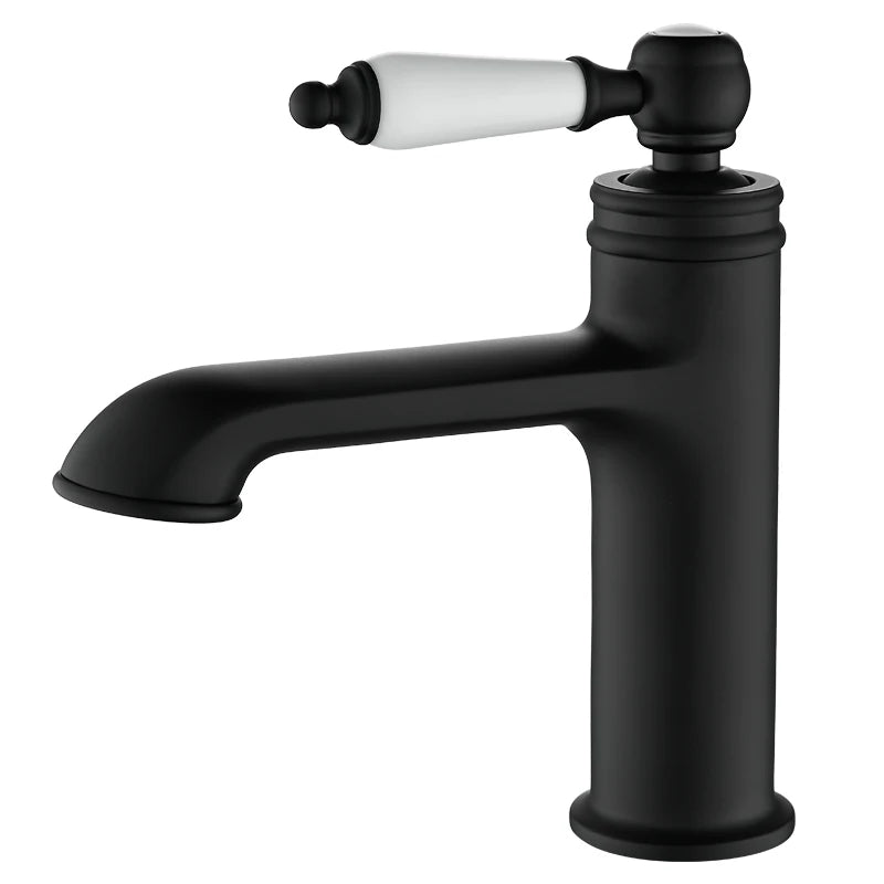 Black faucet with white handle on a white background