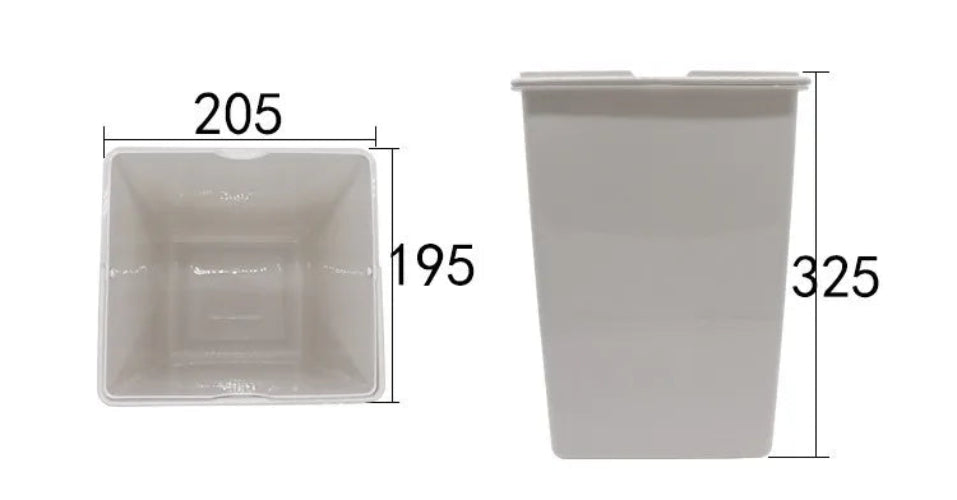 Two white plastic containers with dimensions labeled on a white background