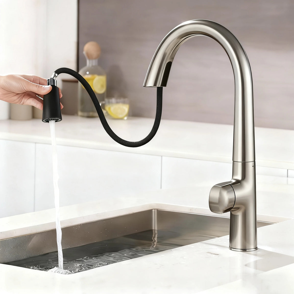 A modern single-handle kitchen faucet in brushed nickel with a flexible black pull-down sprayer, shown with water running into a sink while a hand holds the sprayer.