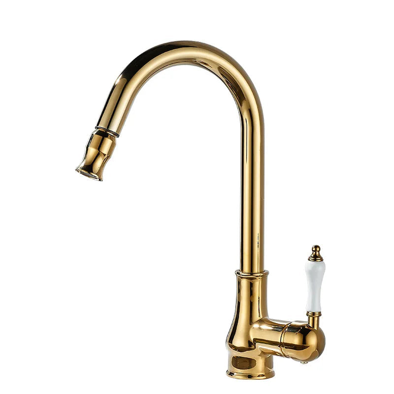 Gold kitchen faucet with white handle on a white background, featuring the brand 'JIESHENG'.