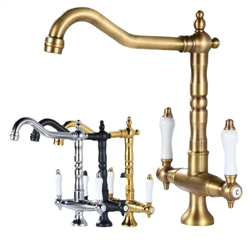 Collection of vintage-style faucets in gold, black, and silver on a white background
