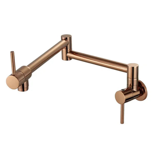 A wall-mounted kitchen faucet with an adjustable gooseneck spout and two lever handles, finished in a warm copper/bronze metallic finish. The image is set against a plain white background with a yellow 'ROSA MALL' logo in the top-left corner.