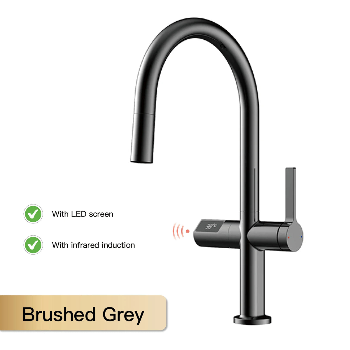 Brushed grey kitchen faucet with LED screen and infrared induction on a white background