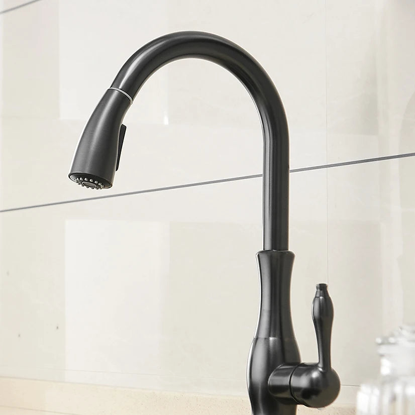 Black kitchen faucet with a blurred background