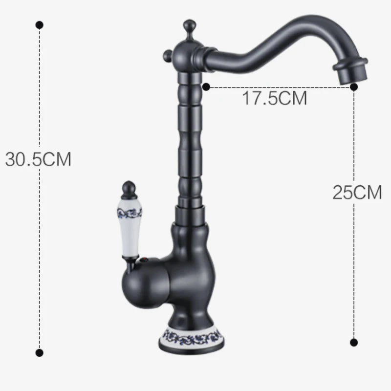 Black faucet with measurements on a white background