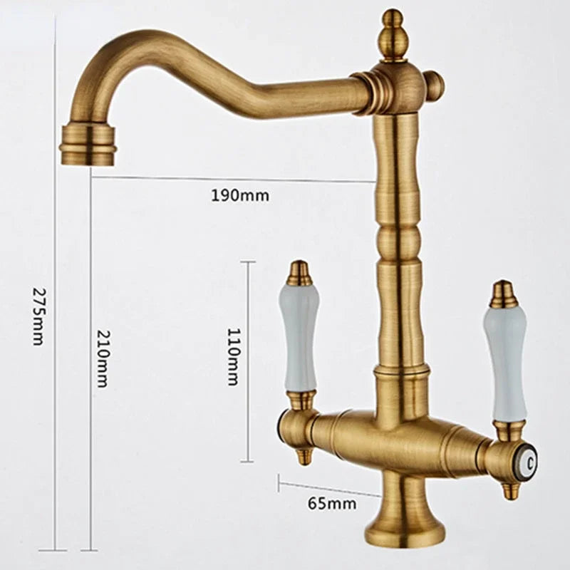 Antique Brass Dual Handle Kitchen Mixer Tap – 360° Rotation