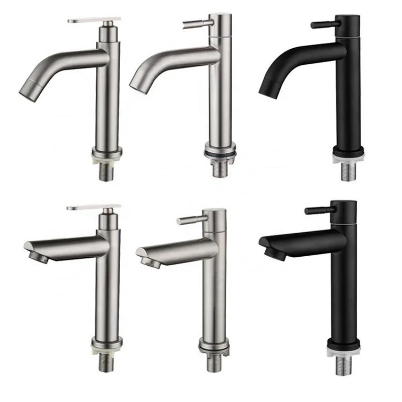 Six bathroom faucet designs arranged in a 2x3 grid on a white background, including two brushed silver faucets and four matte black faucets.