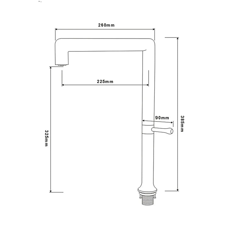 Technical drawing of a kitchen faucet with dimensions labeled