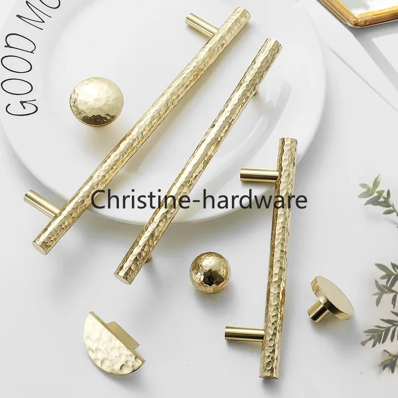 Brass Handle For Cabinet Hammered Golden Polished Gloss Drawer Kitchen Cupboard Furniture Modern Round Knobs