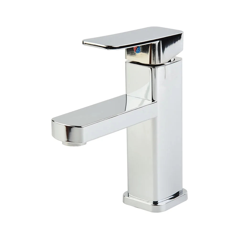 A modern single-handle bathroom faucet with a polished chrome finish, featuring a rectangular lever handle and a sleek spout, shown against a plain white background.