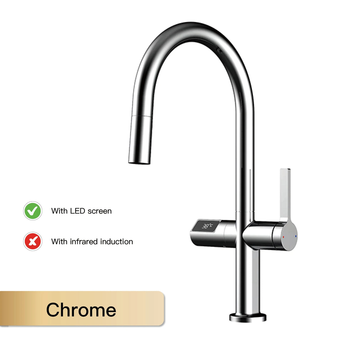 Chrome kitchen faucet with LED screen and infrared induction features on a white background