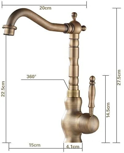 Bronze faucet with dimensions labeled on a white background