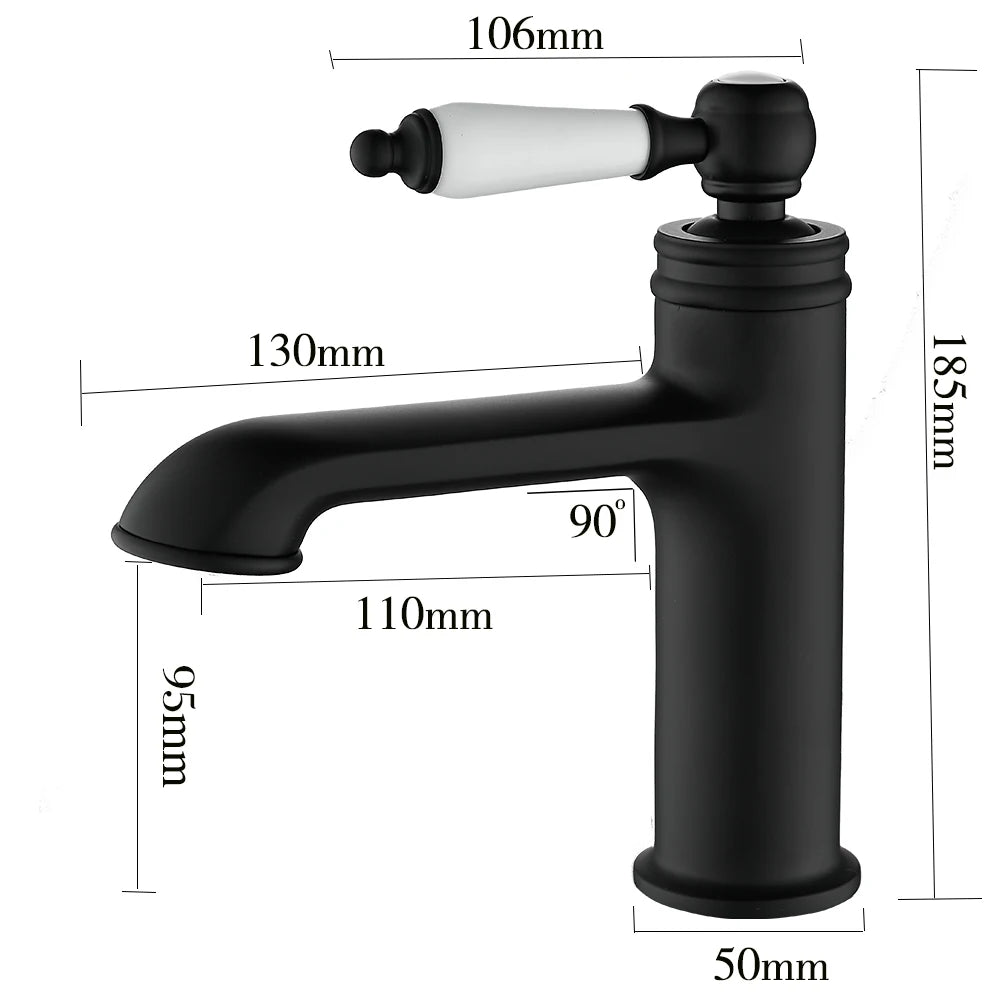 Black faucet with measurements on a white background