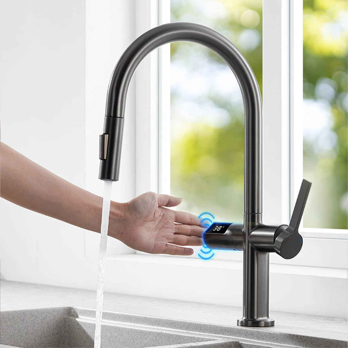 Smart kitchen faucet with digital display and water flow, hand under running water.