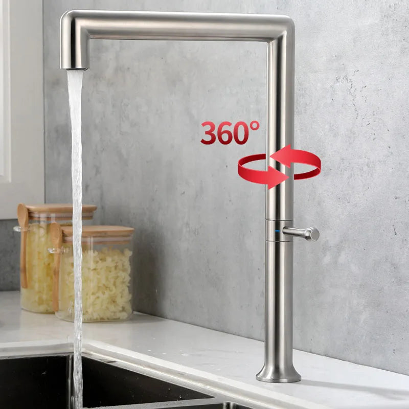 A tall stainless steel kitchen faucet with running water, shown on a countertop against a gray wall. Red graphic text reads '360°' with curved arrows indicating rotation, and two glass jars sit in the background.