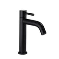 A modern single-handle bathroom faucet in matte black, featuring a curved spout and a separate lever handle, shown against a plain white background.