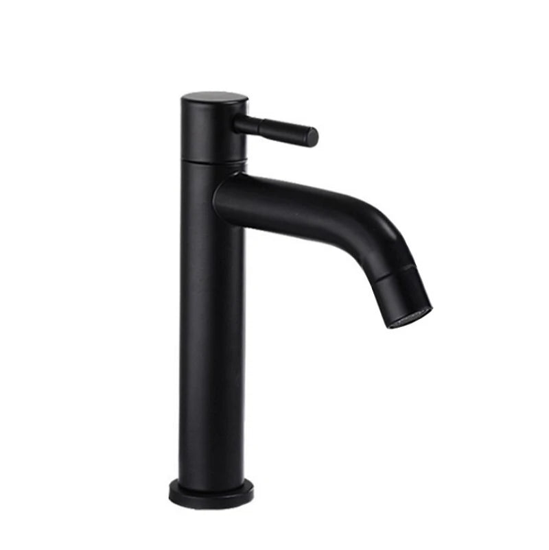 A modern single-handle bathroom faucet in matte black, featuring a curved spout and a separate lever handle, shown against a plain white background.