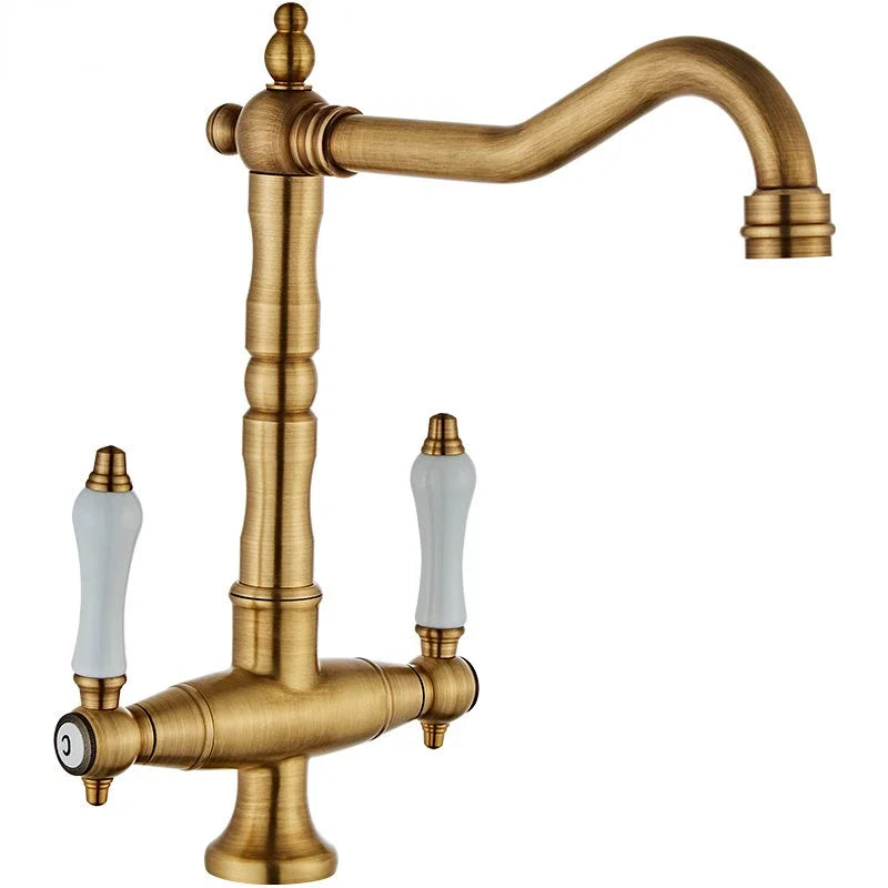 Antique Brass Dual Handle Kitchen Mixer Tap – 360° Rotation
