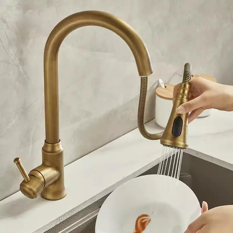 Antique Pull Out Brass Kitchen Mixer Tap – 360° Rotation