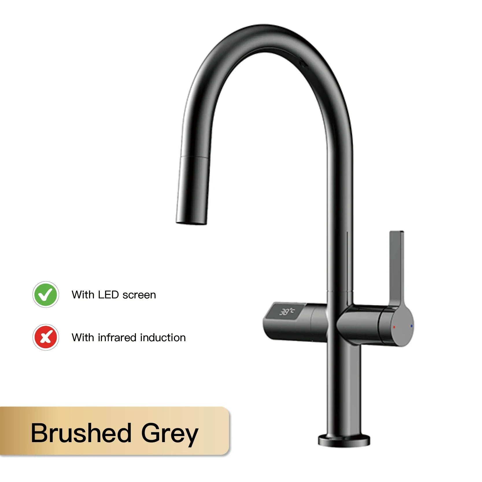 Luxury Brass Kitchen Tap – LED Digital, Gun Grey, Pull-Out, Hot & Cold