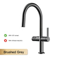 Brushed grey kitchen faucet with LED screen and infrared induction features on a white background.