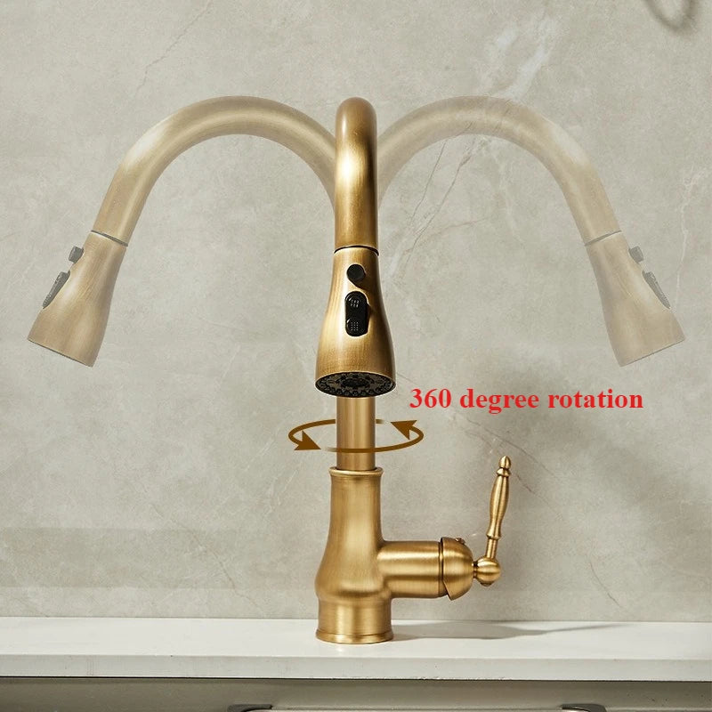 Antique Brass Pull-Out Kitchen Mixer Tap – Single Hole, Hot & Cold