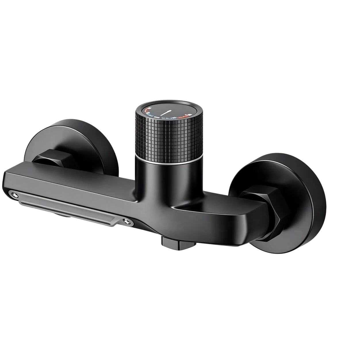 A matte black wall-mounted shower fixture with a cylindrical textured control knob and two round mounting discs, shown on a plain white background.