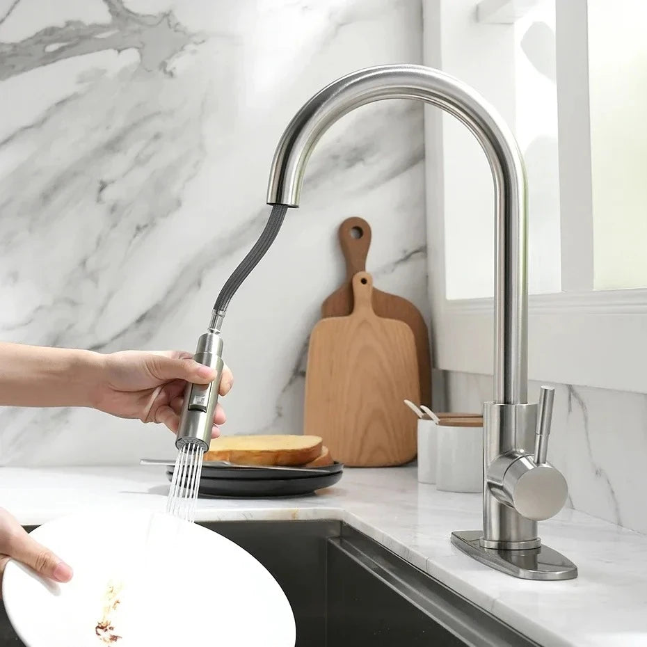 Silver Pull-Out Kitchen Basin Mixer Tap – Single Hole, G1/2