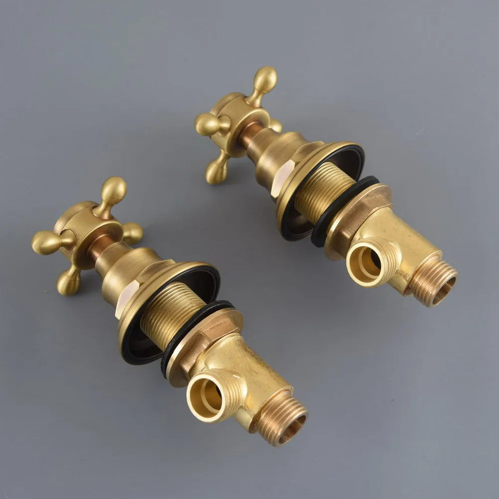 Pair of brass plumbing fixtures on a gray background