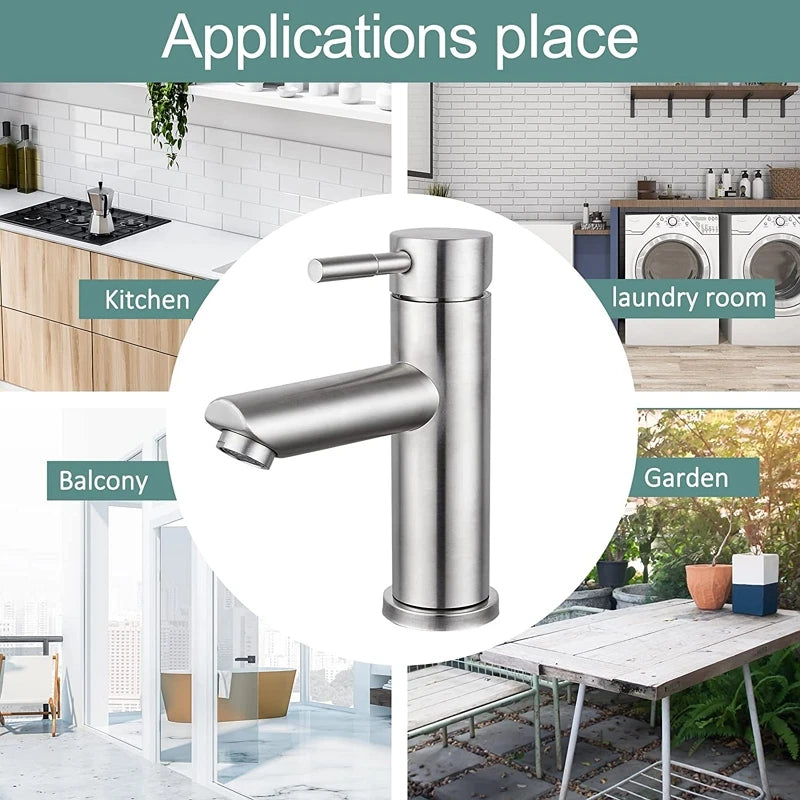 A stainless steel single-handle bathroom or sink faucet is centered over a collage of labeled usage scenes including kitchen, laundry room, balcony, and garden. The faucet has a brushed silver finish and a curved spout with a side lever handle.
