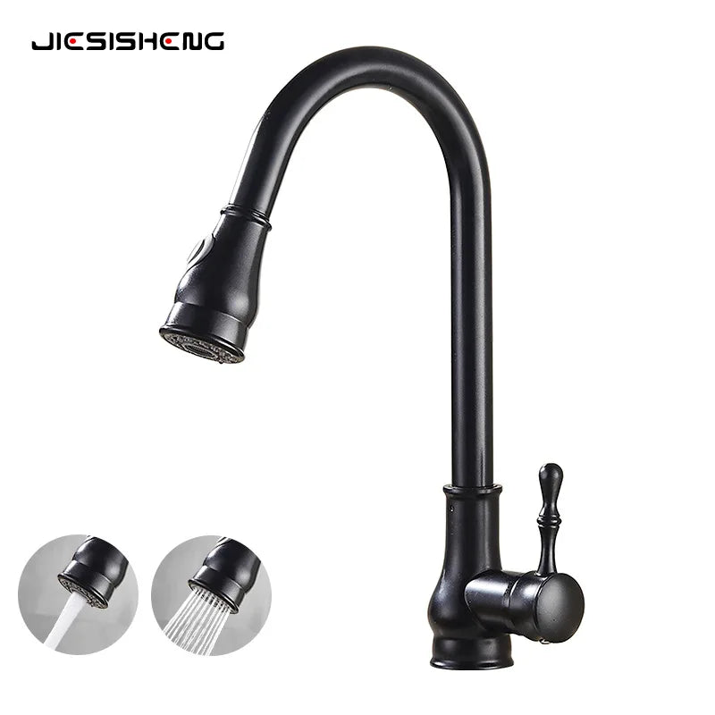 Black kitchen faucet with spray head on a white background, featuring the brand 'JIESHENG'.