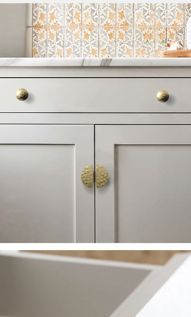 Brass Handle For Cabinet Hammered Golden Polished Gloss Drawer Kitchen Cupboard Furniture Modern Round Knobs