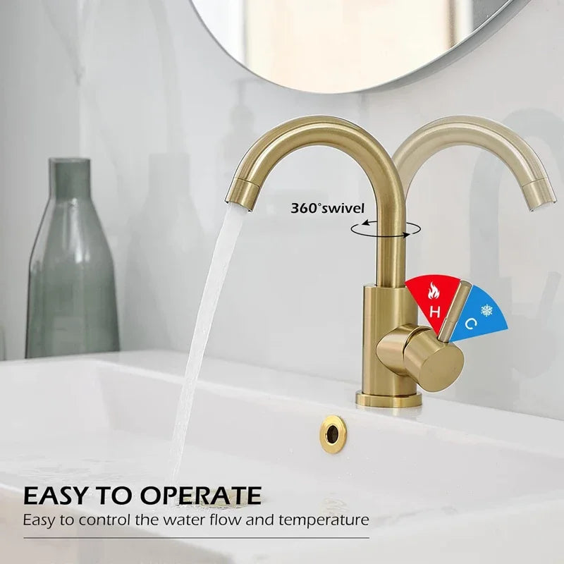Gold faucet with water flowing, labeled '360° swivel' and 'easy to operate', in a bathroom setting.