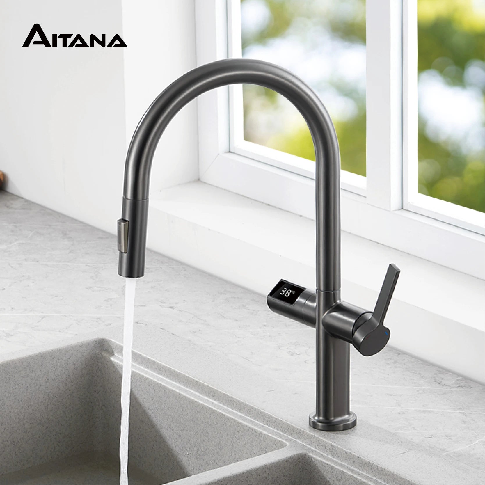 Luxury Brass Kitchen Tap – LED Digital, Gun Grey, Pull-Out, Hot & Cold