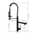 Black kitchen faucet with measurement details on a white background