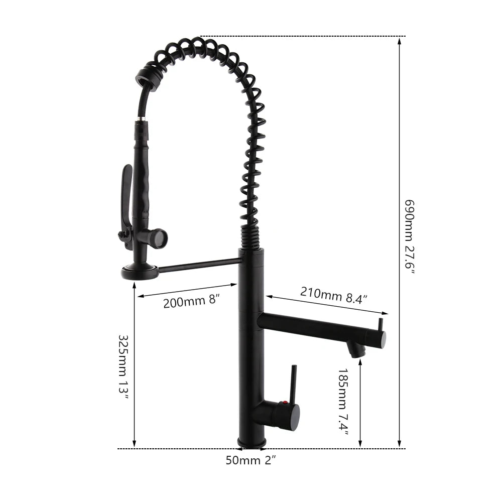 Black kitchen faucet with measurement details on a white background